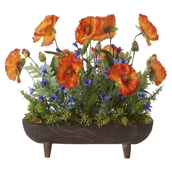 ORANGE POPPIES AND BLUE WILD FLOWERS IN OBLONG WOODEN 