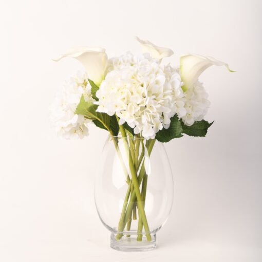 White Lilies and Hydrangeas in Glass Vase - 218004