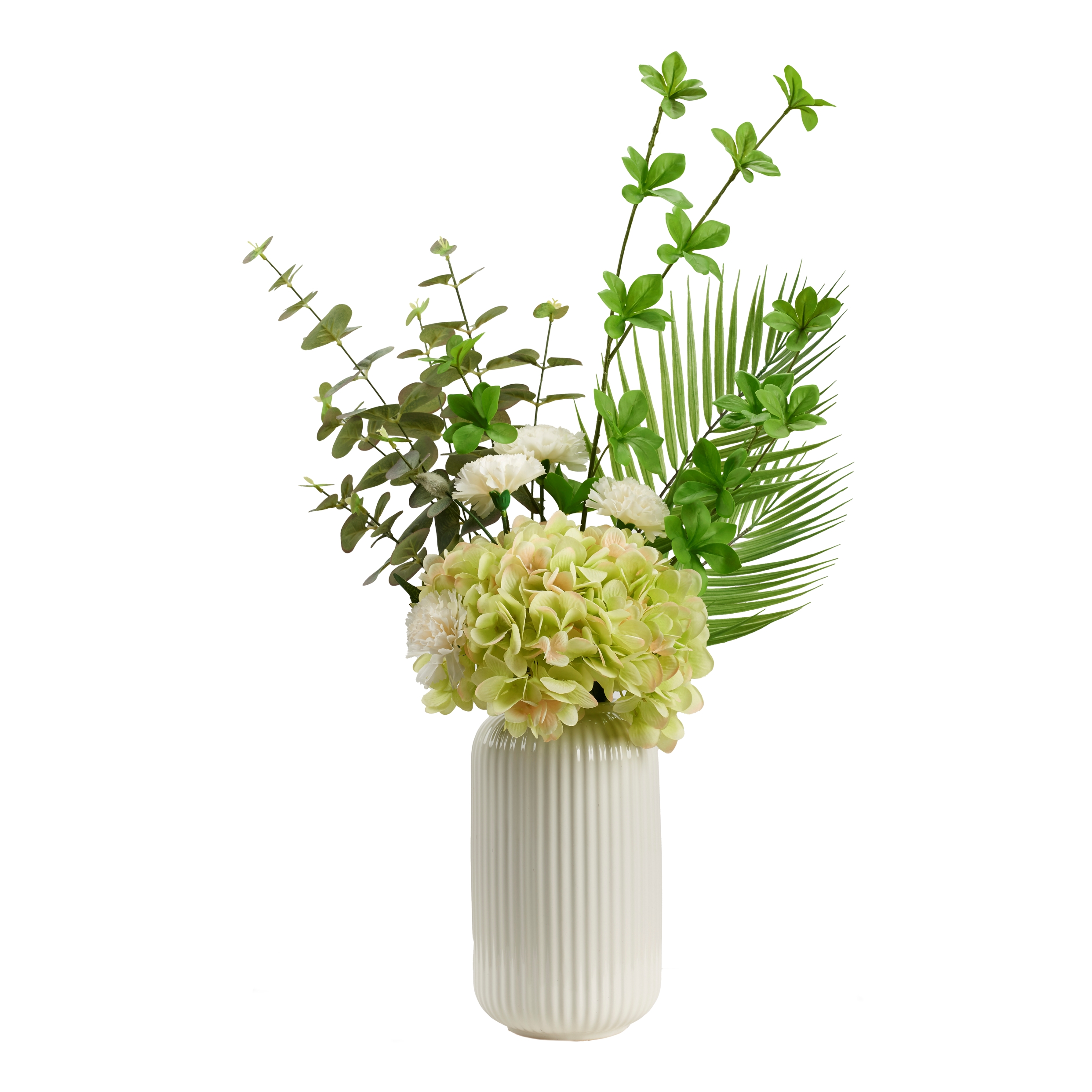 Green Hydrangea Arrangement in White Ceramic Pot – 231106|D&W Silks