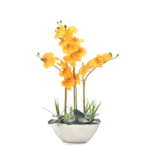 Orange Real Touch Orchids in Silver Cement Pot - 231117