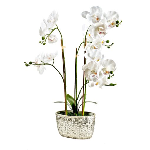 White Real Touch Orchids in Silver Ceramic Planter - 231139